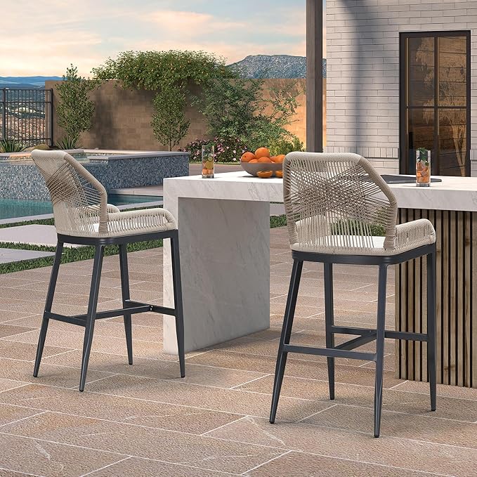 PURPLE LEAF 4 Pieces Bar Stools Patio Modern Rattan Barstools Aluminum Woven Tall Bar Chairs with Cushions for Outdoor Kitchen Island Garden