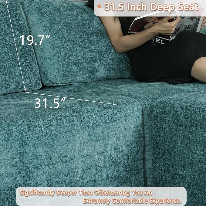 EASE MOOSE Oversized Sectional Cloud Couch, 8-Seat Modular Couch Set, Corner V-Shaped Deep-Seat Boneless Sofa, No-Assembly Chenille Sofa for Living Room, Blue