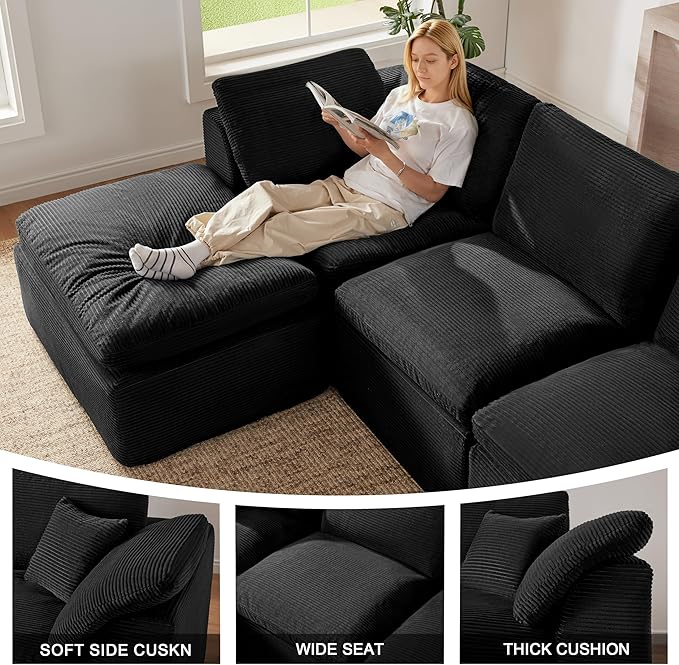 112" Cloud Sectional Couch, Boneless Couches for Living Room, U Shaped Couch with Convertible Ottoman, Modular Sectional Sofa with Deep Seat, Comfy Soft Cushions, No Assembly, Black