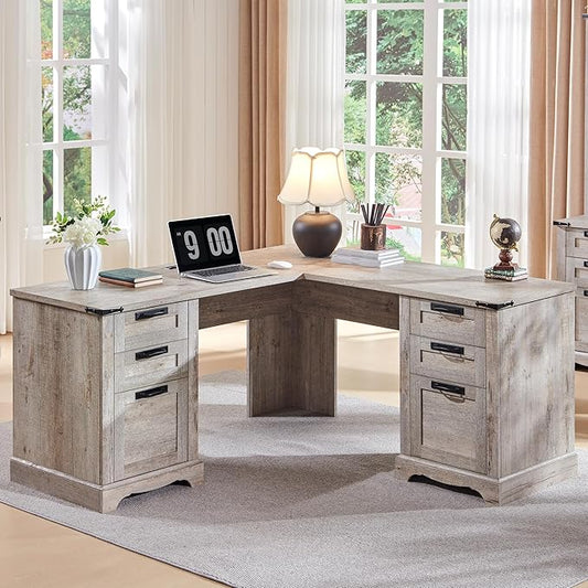 RedLemon 60" Farmhouse L Shaped Executive Desk with Drawers, Wood Home Office Corner Desk with Charging Station, File Drawer, Storage Cabinet, Rustic Computer Writing Desk (Light Rustic Oak)