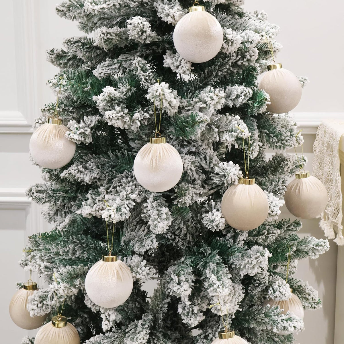 3.15inch Velvet Ornaments for Christmas Tree, 15pcs Flocked Christmas Ornaments Decorations Balls Set Decor Beige