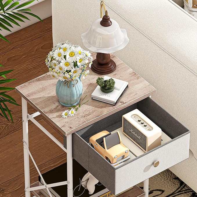 VECELO End Tables, Modern Nightstand with Fabric Drawer & Open Shelf, Night Stand for Bedroom Living Room, Industrial Metal Frame, Easy Assembly, Light Brown,1 Pack
