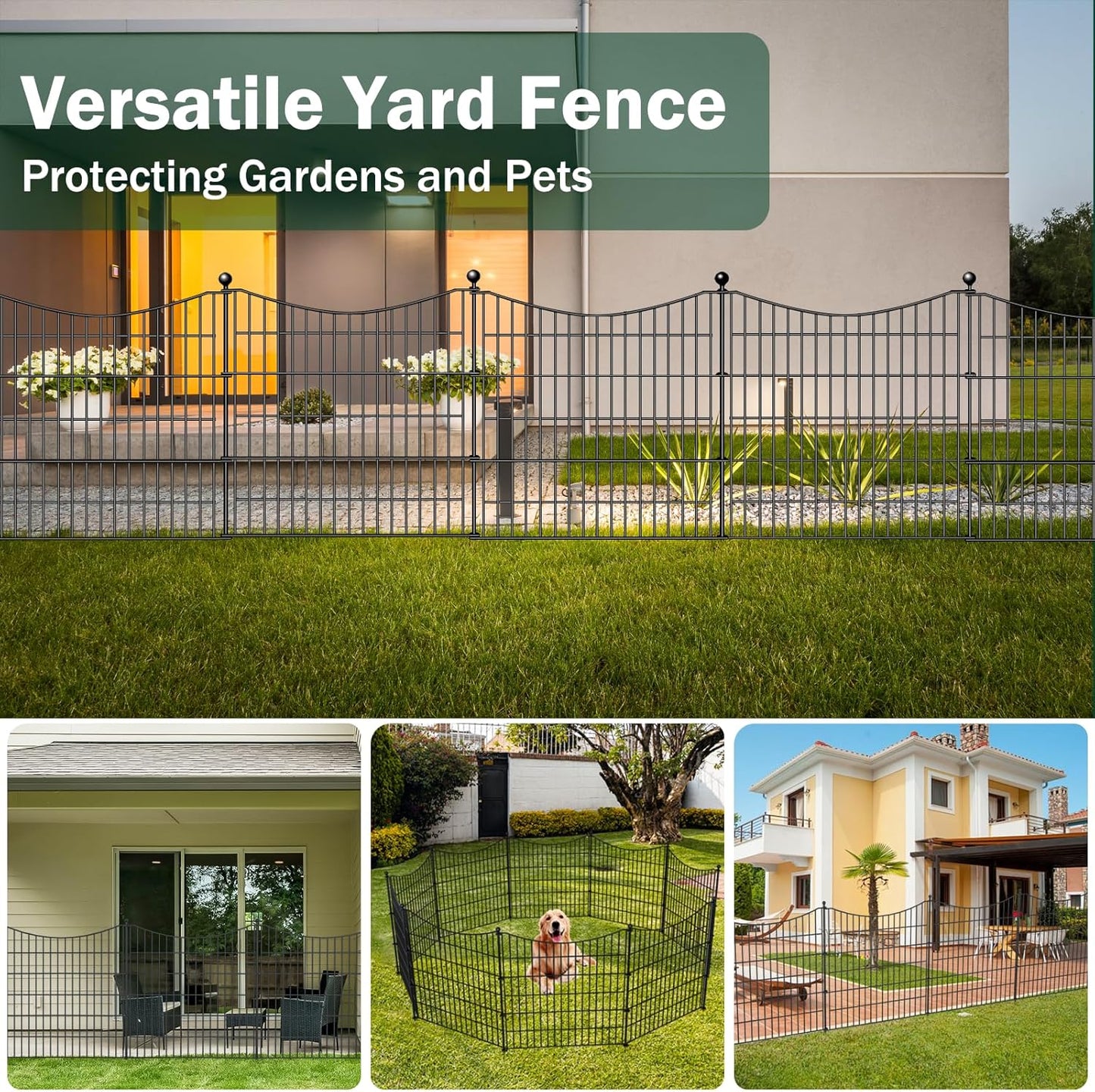 5 Panels No Dig Dog Fence Outdoor for Yard, 24 in(H) X 10 ft(L) Decorative Tall Garden Fence Animal Barrier, Rustproof Metal Wire Garden Edging and Borders, Temporary Fencing Stakes