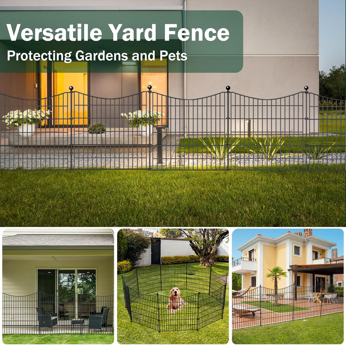 4 Panels Decorative Garden Fence with Gate, 48 in(H) X 10.5 ft(L) No Dig Dog Fence Animal Barrier Outdoor for Yard, Rustproof Metal Garden Edging and Borders, Temporary Fencing Stakes