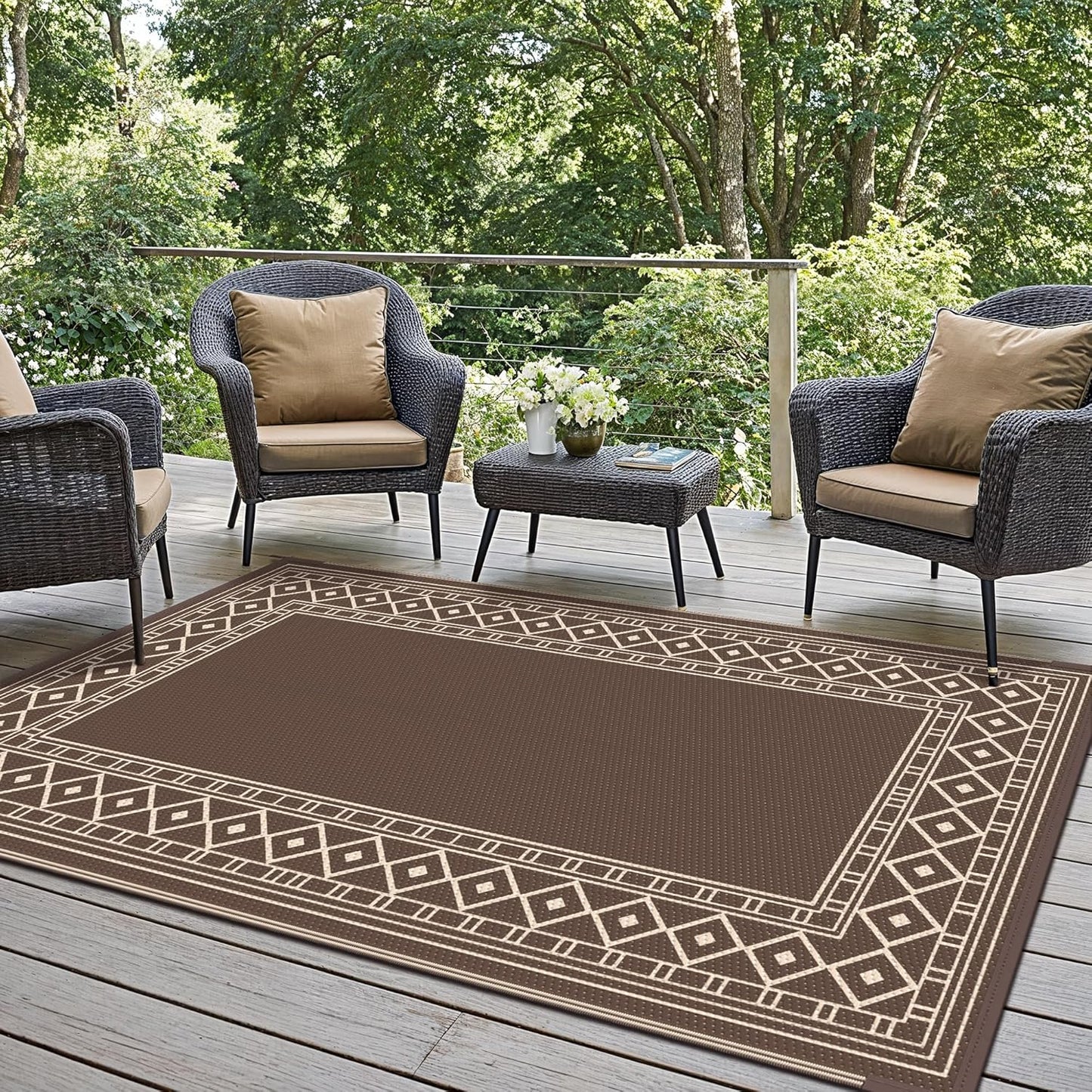 GENIMO Outdoor Rug Waterproof for Patio Decor, 3'x5' Foldable Reversible Plastic Straw Carpet for Porch, Outside Area Mat for Entryway, Rv, Deck, Picnic, Camper, Balcony, Beach, Coffee & Beige