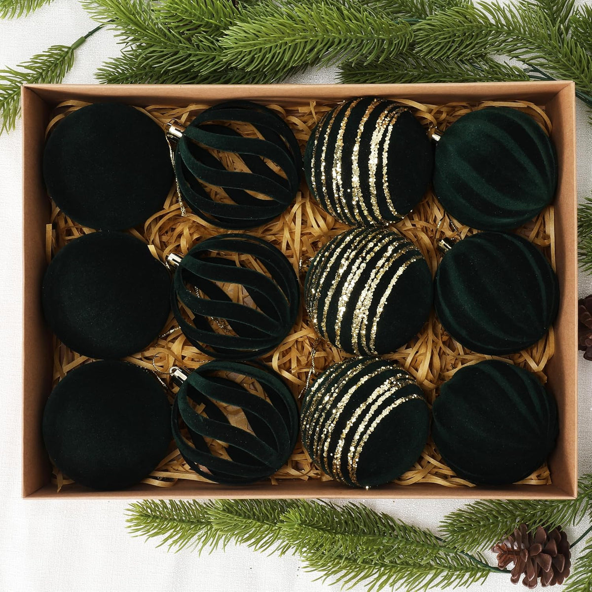 Christmas Ornaments Set of 12, 3.15" Flocked Velvet Balls with Hand Painted Designs,Emerald Green Elegant Christmas Tree Decorations in Gift Box