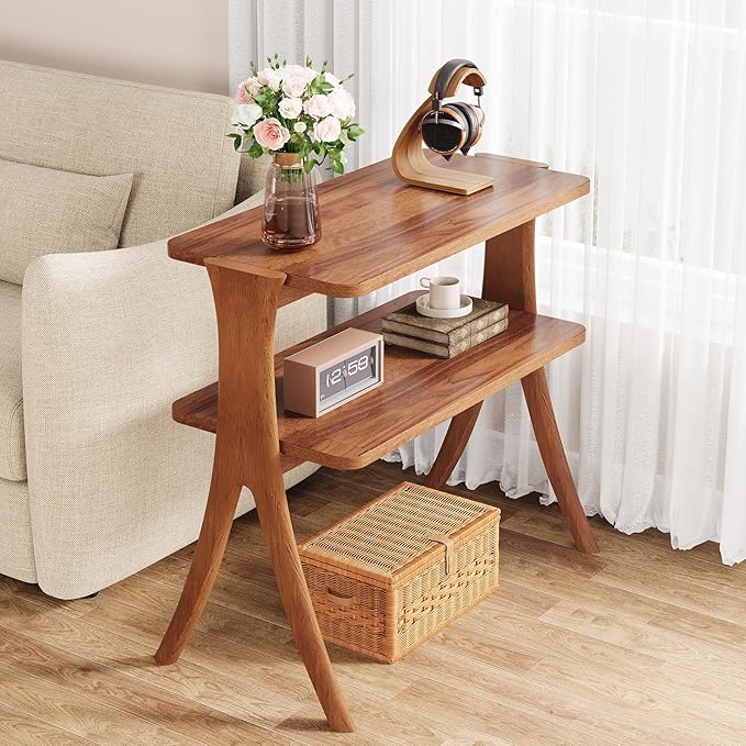 Tribesigns Walnut Side Table for Living Room, Narrow End Table with 2-Tier Storage Shelf and Solid Wood Legs, Slim Modern Bedside Table Nightstand for Bedroom, Small Spaces (1)