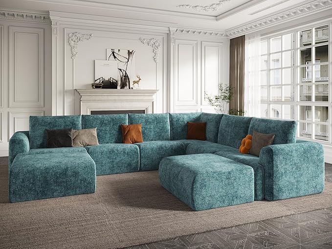 EASE MOOSE Oversized Sectional Cloud Couch, 8-Seat Modular Couch Set, Corner V-Shaped Deep-Seat Boneless Sofa, No-Assembly Chenille Sofa for Living Room, Blue