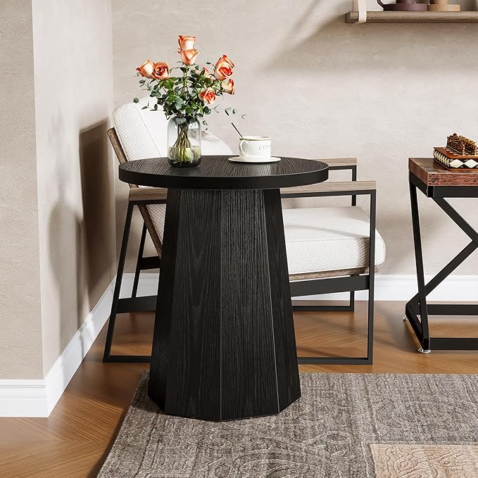 Tribesigns Farmhouse Round End Table Set of 2, Wooden Couch Side Table with Octagonal Base, Black Nightstand Pedestal Accent Furniture for Living Room, Bedroom (2)
