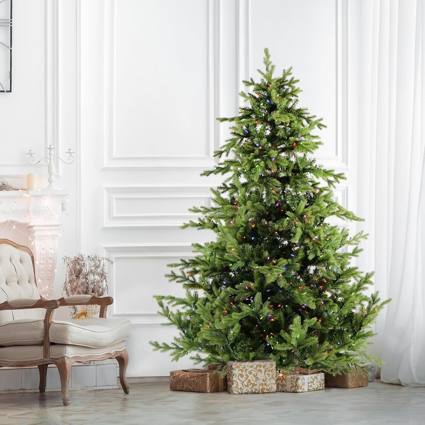 Fraser Hill Farm 7.5-Ft. Foxtail Pine Artificial Christmas Tree with Dual Multicolor & Warm White LED Lights and Stand, Prelit Foldable Fake Tree with Realistic Foliage for Home Decoration
