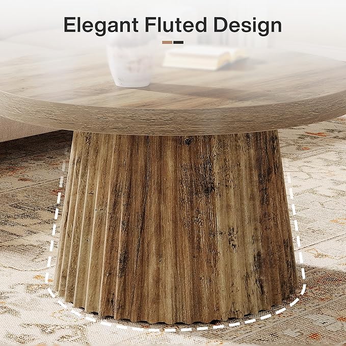Tribesigns Coffee Table, 31.5" Small Farmhouse Round Coffee Tables with Fluted Drum Base, Mid Century Modern Boho Accent Center Table for Living Room, Apartment, Small Space, Brown