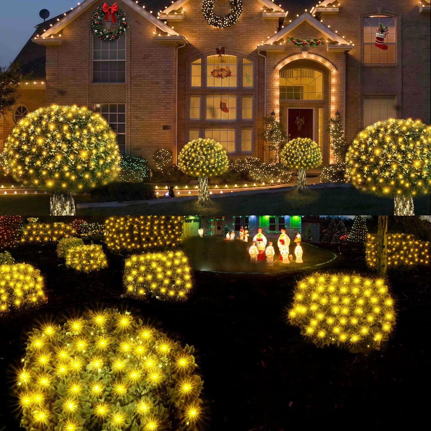 WBao Christmas Lights Outdoor, 200LED 8.4ft x 5.2ft Christmas Net Lights with 8 Modes, Timer, End to End Connectable, Waterproof LED Net Lights for Lawn, Bushes, Trees Xmas Decorations, Warm White