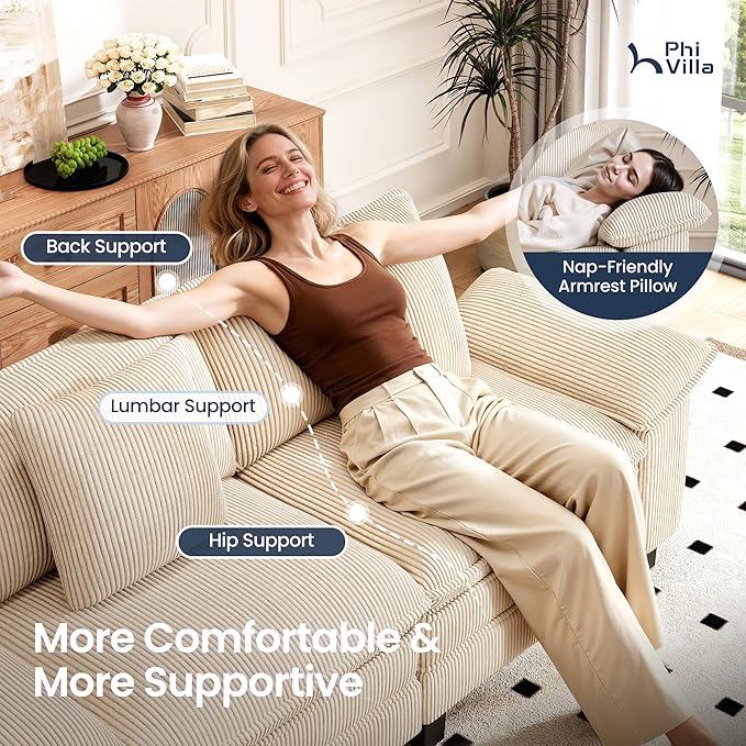 PHI VILLA Modern Modular Couches Sets, 123.6" Cloud Sectional Sofa with Upholstered Deep Seat, 3-Seater Couch for Living Room Small Spaces, Corduroy Fabric, Beige