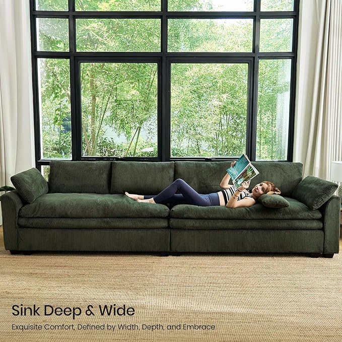 Belffin Large Modular Sectional Sofa with Double 61" Loveseat, Corduroy Corner Couch with 9" Soft Dual-Layer Seats Cushion for Living Room, Apartment, Small Sapce, Green