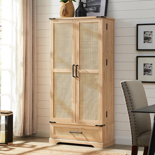 72" Tall Rattan Kitchen Pantry Cabinet with Drawer, Boho Storage Cabinet with 2 Rattan Doors and Shelves, Versatile Large Cabinet for Dining Room, Bathroom, Living Room, Laudry, Natural Oak