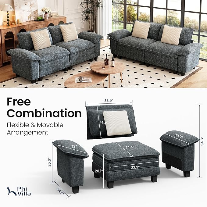 PHI VILLA Cloud Modular Couches Sets, 2 Pieces Sectional Loveseat Sofa Set, 4-Seater Comfy Couch for Living Room Apartment, Chenille Fabric, Dark Cyan