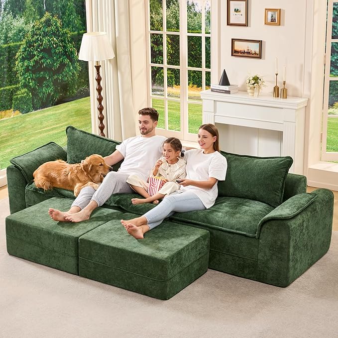 Hobestluk 120" Cloud Modular Sectional Couch 3-Seater Sofa with Ottomans U Shaped Couch Deep Seat Sofa with Removable Cover Large Sofa for Living Room (Green, 3-Seater Sofa with Two Ottomans)