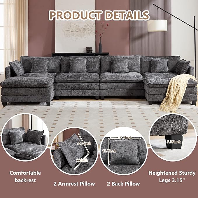 Plush Modular Cloud Sofa Set with Ottoman | L/U-Shaped Deep Seating Chenille Sectional for Family Living Room