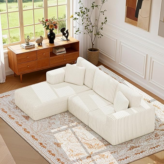 KINGYES 107'' Modular Sectional Sofa, L Shaped Cloud Couch for Living Room, Modern Plush Corduroy Boneless Sofa with Chaise for Bedroom, Beige