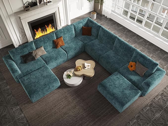 EASE MOOSE Oversized Sectional Cloud Couch, 9-Seat Modular Boneless Sofa Set with Deep Seat, No-Assembly Chenille Sofa for Living Room, Blue