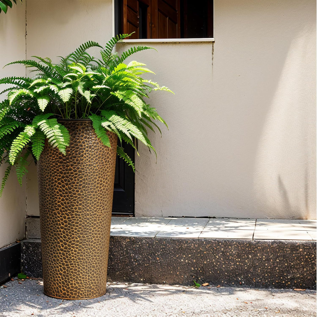 KOL 25" H. Metal Hand-Hammered Planters with Inner Pots 2-Pack, Bronze Decor Planter for Deck, Patio, Porch - Galvanized Steel Handcrafted Flower Pot - w/Water Level Indicator - Indoor Outdoor Use