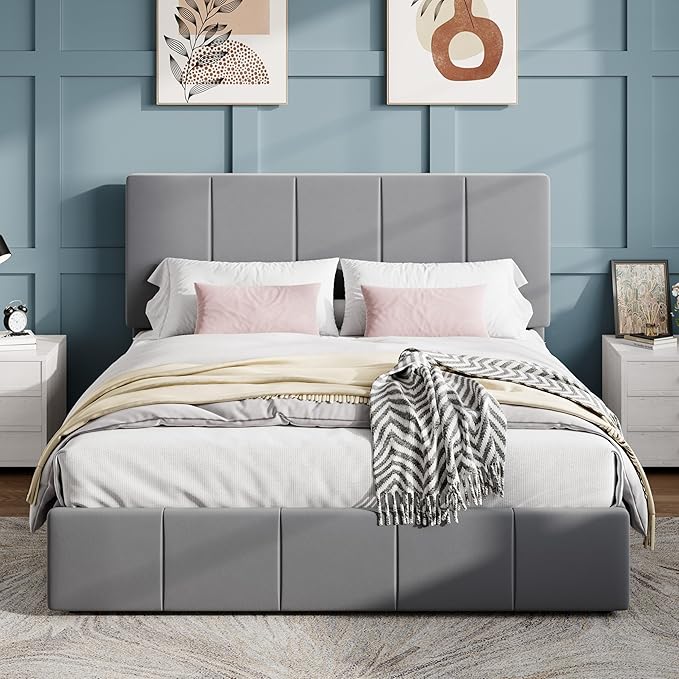 SHA CERLIN Queen Bed Frame, Velvet Upholstered Platform Bed, Vertical Channel Tufted Adjustable Headboard, Low Profile Bed Frame, No Box Spring Needed, Easy Assembly, Grey