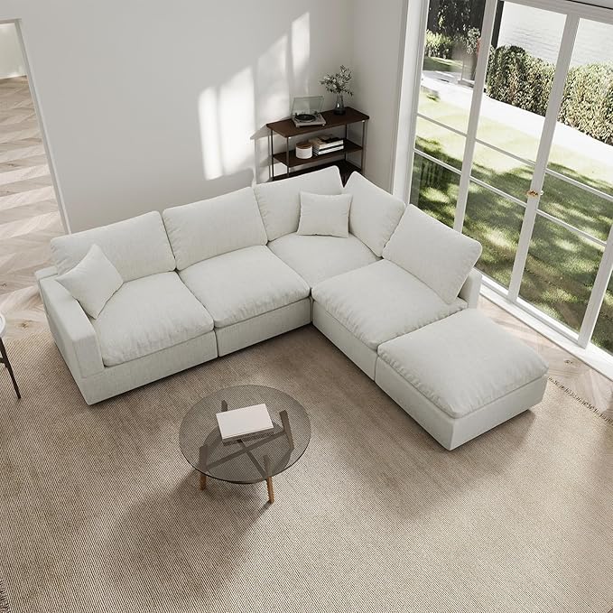 Modern Sectional Linen Couch for Living Room V-Shape Sofas,5 Seat Modular Cloud Sofas,Couches Cushion Covers Removable,Cozy Feather Down Sofa for Apartment Cream White