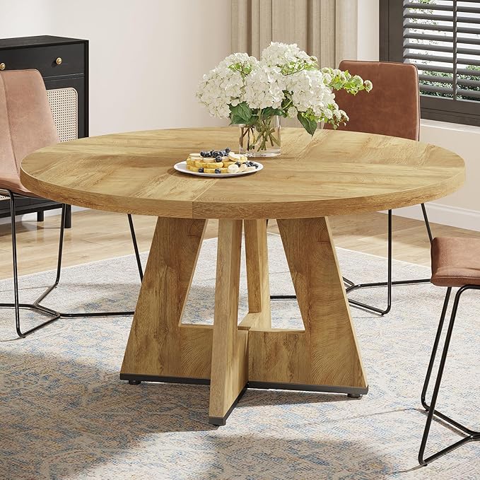 Tribesigns Round Dining Table for 4, 47 inch Farmhouse Circle Kitchen Table with Wooden Pedestal Base for Kitchen, Dining Room, Living Room (Light Wood)