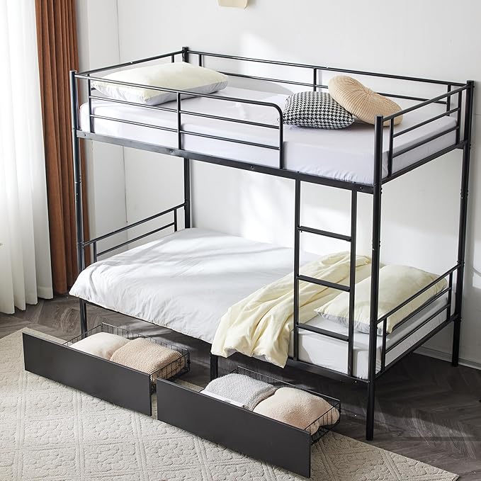 Karl home Black Bunk Bed Twin Over Twin with 2 Storage Drawers, Metal Bunk Bed with Built-in Ladder and Safety Guardrail, Space-Saving Twin Bunk Beds for Kids, Teens & Adults, No Box Spring