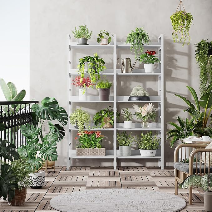 Tribesigns 5-Tier Industrial Bookshelf, 71”H x 47”W Etagere Bookcase, Freestanding Double Wide Book Shelf for Storage and Display, Wood and Metal Bookshelves for Living Room Home Office, White