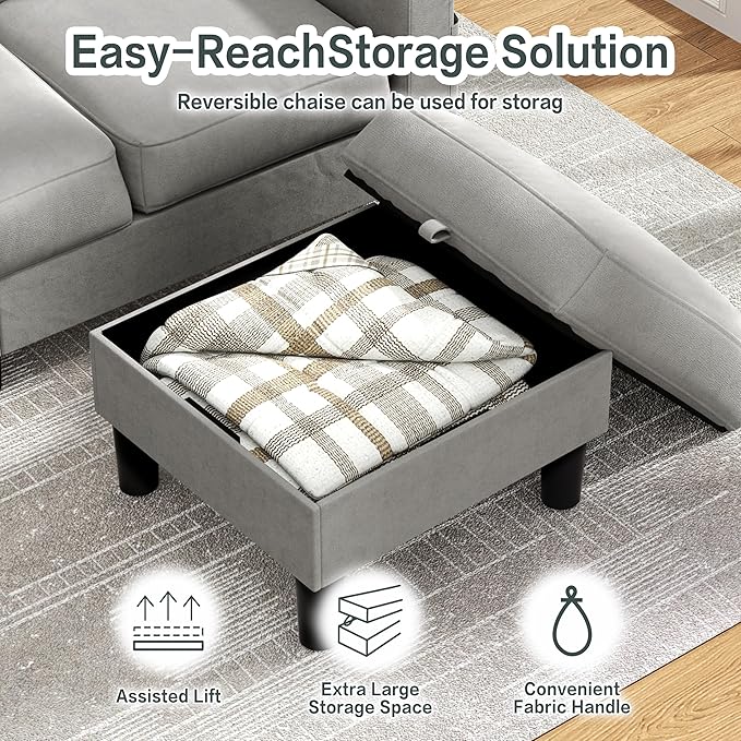 JY QAQA Convertible Sectional Sofa with 3-Seater Sofa, L-Shaped Ottoman Couch with Modern Linen for Apartment, Small Living Room and Small Space (Light Grey)