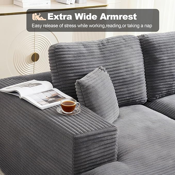 Modular Sectional Cloud Couch for Living Room,Modern Boneless Couche Set with Plush Corduroy,Comfy Floor Sofa with Memory Foam,Stupendous U Shaped Sofa with Ottoman,No Assembly Required,Grey
