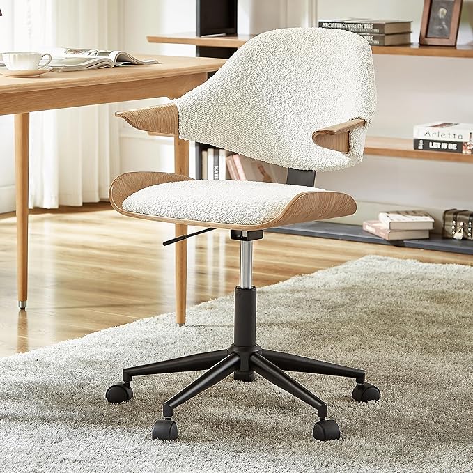 Art Leon Swivel Desk Chair, Mid Century Modern Office Chair with Wheels, Boucle Fabric Upholstered Arm Chair, Adjustable Height Task Chair with Metal Base, Washed Oak Bentwood, White