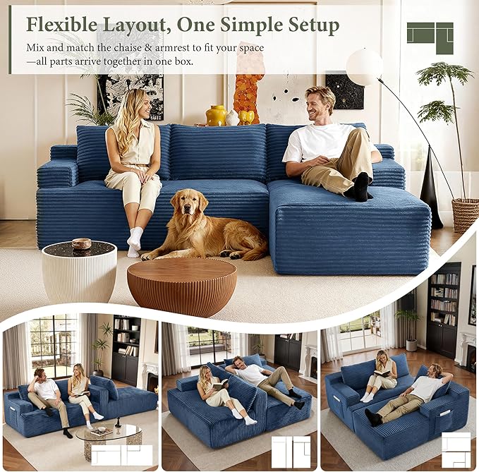 96''Sectional Couches for Living Room,Modern Modular Sectional Sofa,Upholstered Boneless Couch with Pockets,Comfy Cloud Couch with L Shaped Chaise(Blue, 96''W Right Facing Chaise)