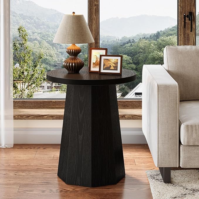 Tribesigns Farmhouse Round End Table, Wooden Couch Side Table with Octagonal Base, Black Nightstand Pedestal Accent Furniture for Living Room, Bedroom (1)