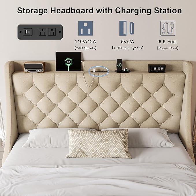Queen Size Upholstered Platform Bed Frame with 4 Storage Drawers and Charging Station, Linen Button Tufted Wingback Headboard, Sturdy Wooden Support Slats, No Box Spring Needed, Beige