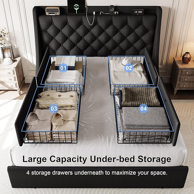 Full Size Upholstered Platform Bed Frame with 4 Storage Drawers and Charging Station, Linen Button Tufted Wingback Headboard, Sturdy Wooden Support Slats, No Box Spring Needed, Black
