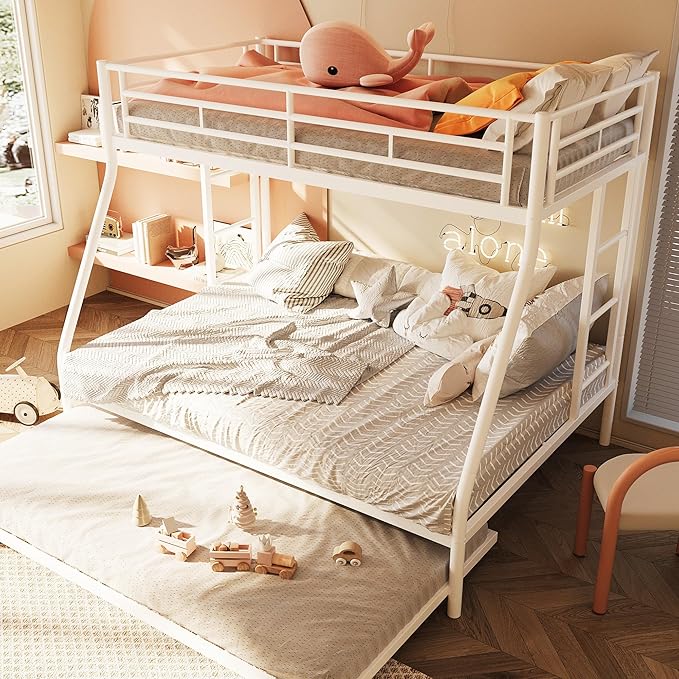 SUNLEI Metal Bunk Beds with Double Secured Ladders, Twin Over Full Bunk Bed with Surrounded Safety Guardrails, Space Saver Twin Beds, Noise Free for Small Bedroom, with Trundle, White