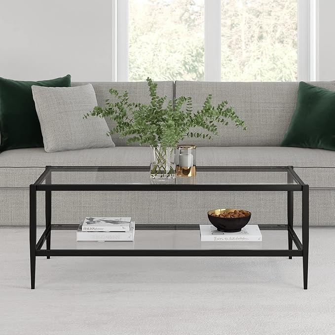 Henn&Hart 45" Wide Rectangular Coffee Table with Glass Shelf in Blackened Bronze, Modern coffee tables for living room, studio apartment essentials