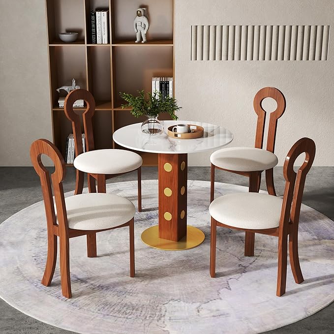 Sintered Stone Office Table and Chair Set - 33.5" Round Table for Small Offices (Red Leg and White Top, 1 Table and 4 Chairs)