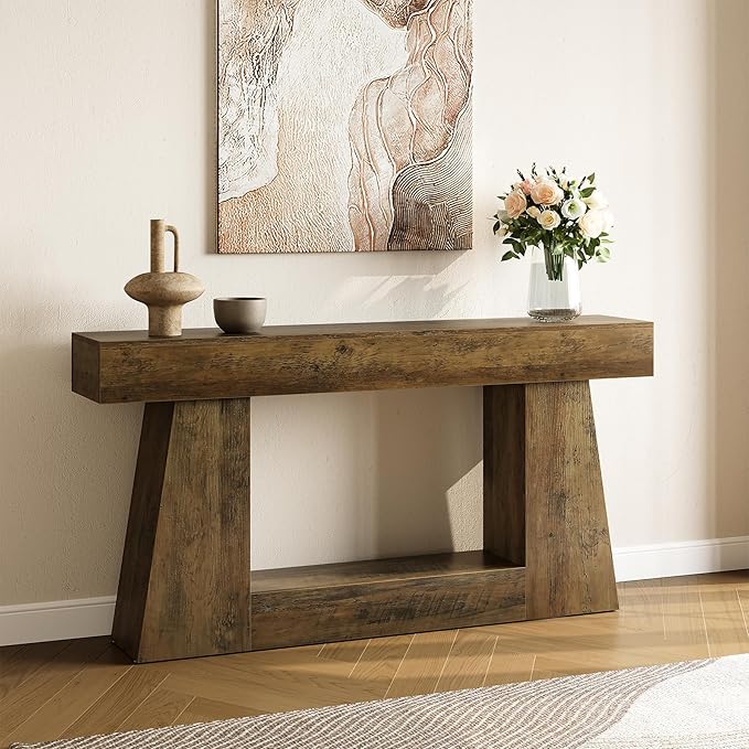 LITTLE TREE 63" Farmhouse Console Table with Storage, Rustic Sofa Table for Entryway, Narrow Long Sofa Table Behind Couch, Console Table for Living Room, Hallway—Versatile Storage Solution, Oak