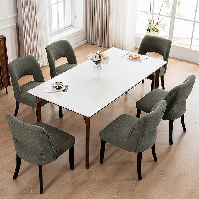 VKNOW Wooden Dining Chairs Set of 6, Modern Fabric Upholstered Dining Room Chair Kitchen Chairs, Farmhouse Dinner Chair for Kitchen Dining Room, Green-Black Legs