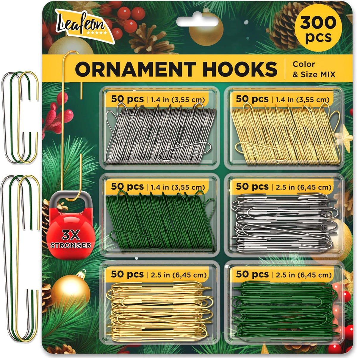 Leafeon 300 Pack Christmas Ornament Hooks - Gold Green Silver Ornament Hanger for Christmas - Essential Hooks for Ornament Hangers