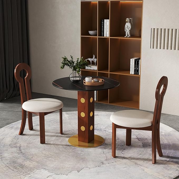 Sintered Stone Office Table and Chair Set - 33.5" Round Table for Small Offices (Red Leg and Black Top, 1 Table and 2 Chairs)