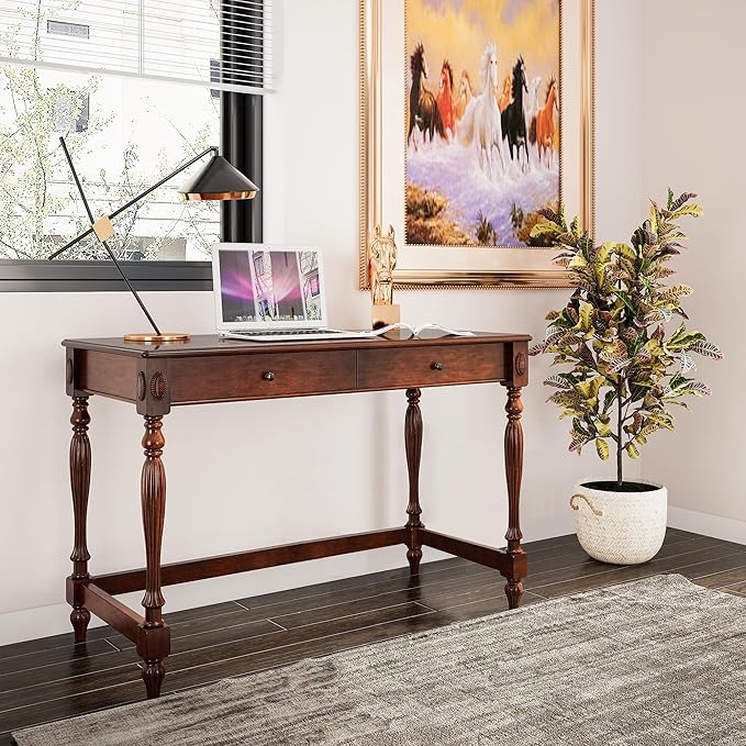 Solid Wood Computer Writing Desk with 2 Big Drawers 46.1" Wide Home Office Desk Workstation Big Rustic Study Table Furniture in Cherry for Home Office Bedroom Living Room, BSZ-1533WD