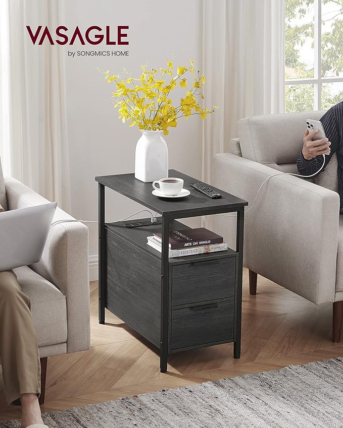 VASAGLE Side End Table with Charging Station, Slim Nightstand with 2 Drawers, Narrow Bedside Table for Living Room, Small Spaces, Charcoal Gray and Ink Black ULET321B22