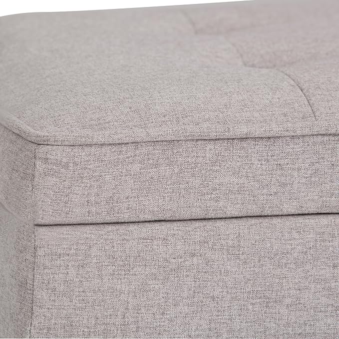 SIMPLIHOME Cosmopolitan Storage Ottoman Bench - 44 inch Wide Upholstered Linen Look Fabric Rectangle Storage Ottoman in Cloud Grey, Transitional Bench for Bedroom with Tufted Lift-Top and Open Shelf