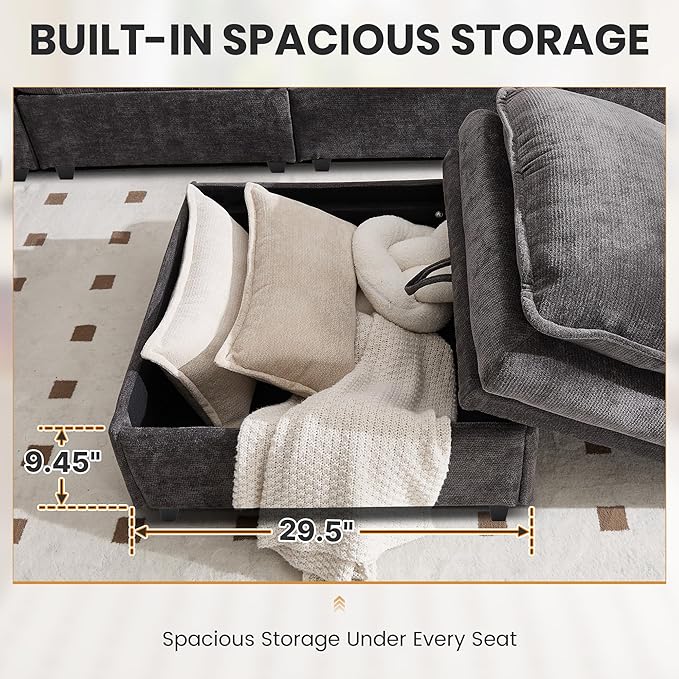 130" U Shaped Modular Sectional Sofa, Couch with Ottoman Storage, Chenille Cloud Couch with Plush Deep Seating for Living Room, Bedroom (6 Seat, Grey)