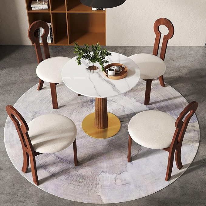 Sintered Stone Office Table and Chair Set - 33.5" Round Table for Small Offices (Light Brown Leg and White Top, 1 Table and 4 Chairs)