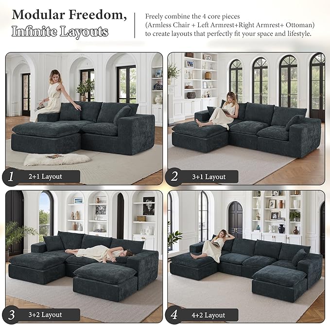 108" Sectional Couches for Living Room Boneless Couch Upholstered Cloud Couch Sectional Modular Sectional Sofa with L Shaped (Chenille-Blue, 3 Seat+1 Ottoman)